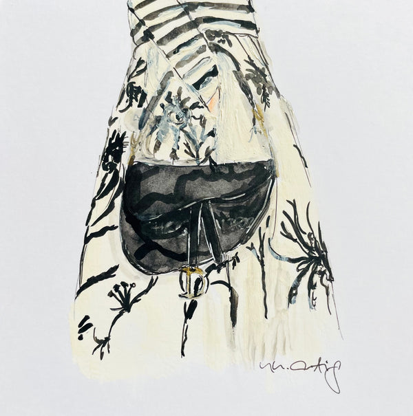 Illustration "D(ior)RAMA": Frau mit gemustertem Rock und schwarzer Dior-Tasche | un-artig 