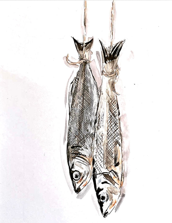 Illustration "Fische": Zeichnung von 2 hängenden Sardinen | un-artig