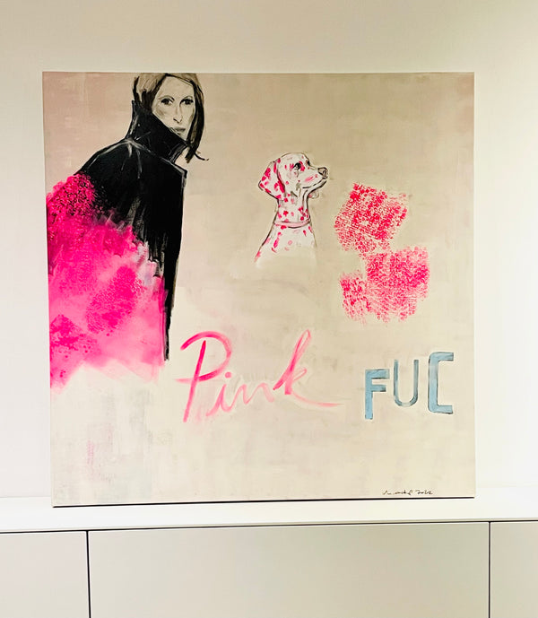 Leinwandbild "f*pink" Frau im Mantel und Dalmatiner mit pinken Flecken | un-artig